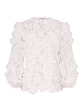 Women’s White Floral Lace Puff-Sleeve Top